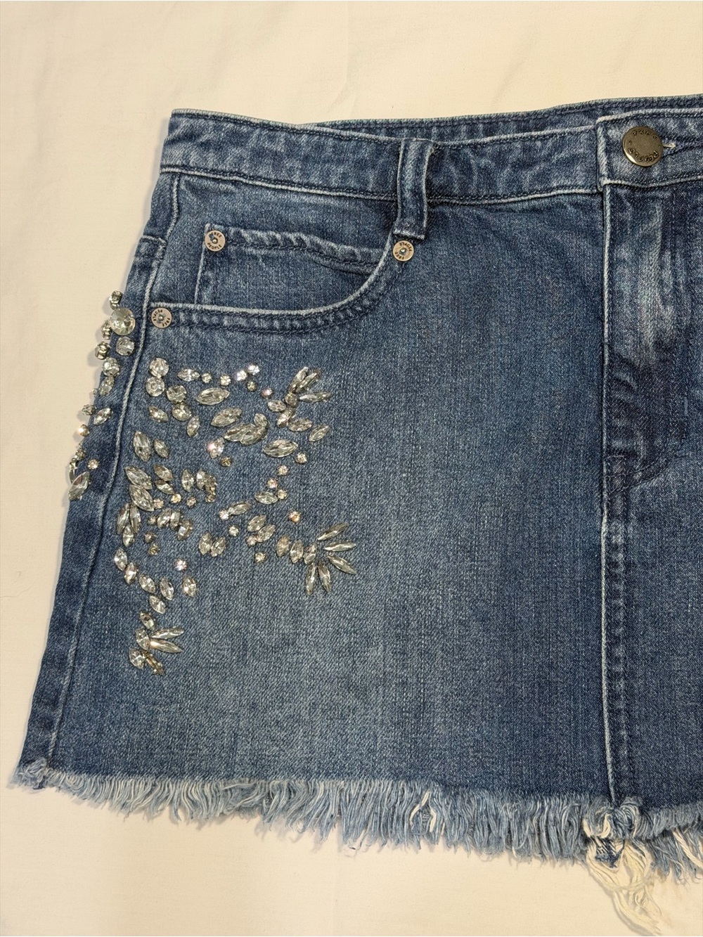 Free People Shine Bright Shine Far Denim Rhinestone Mini Skirt - Size 2 - Picture 4 of 11